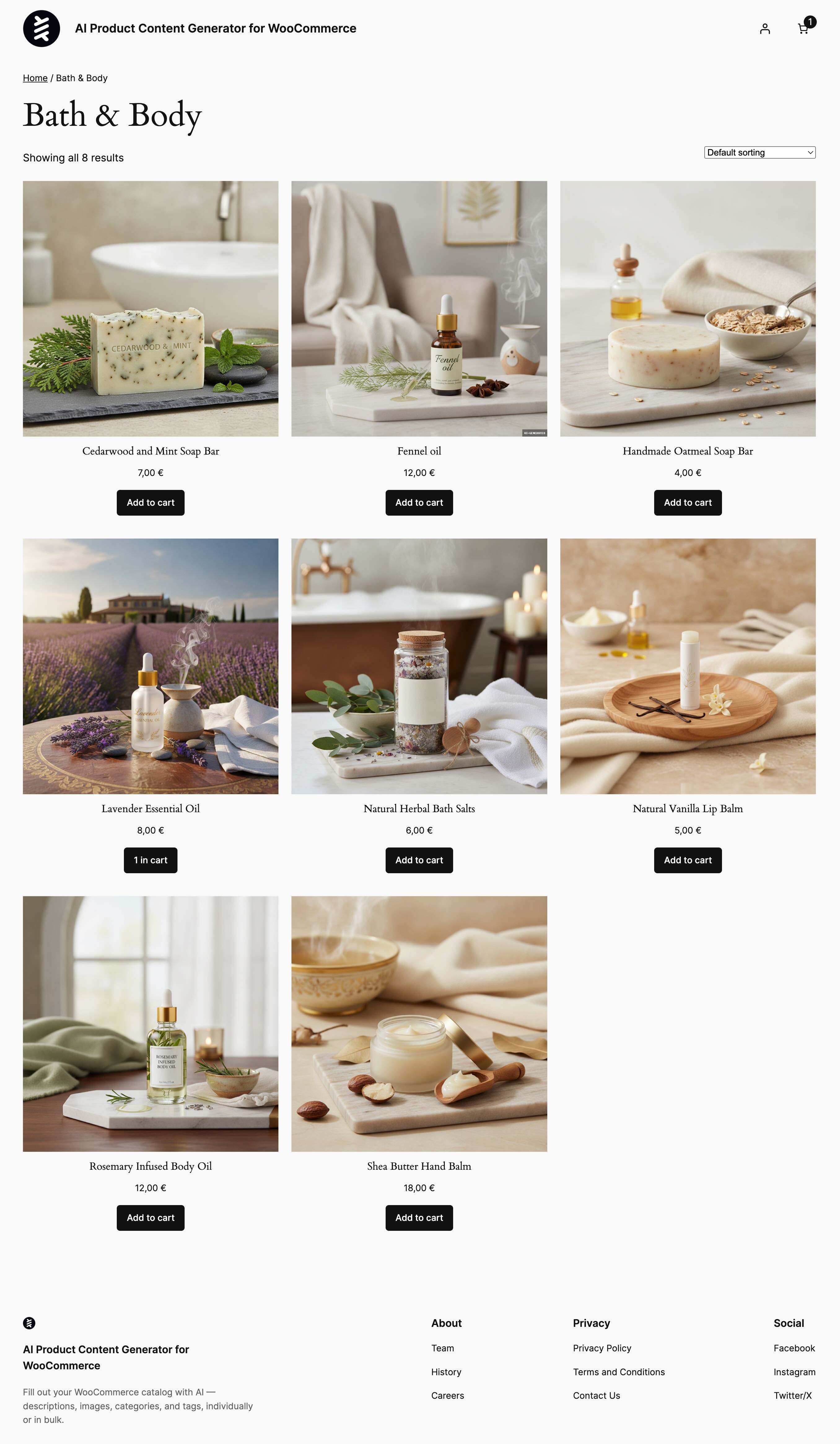 Live WooCommerce demo store with AI-generated product photos and descriptions